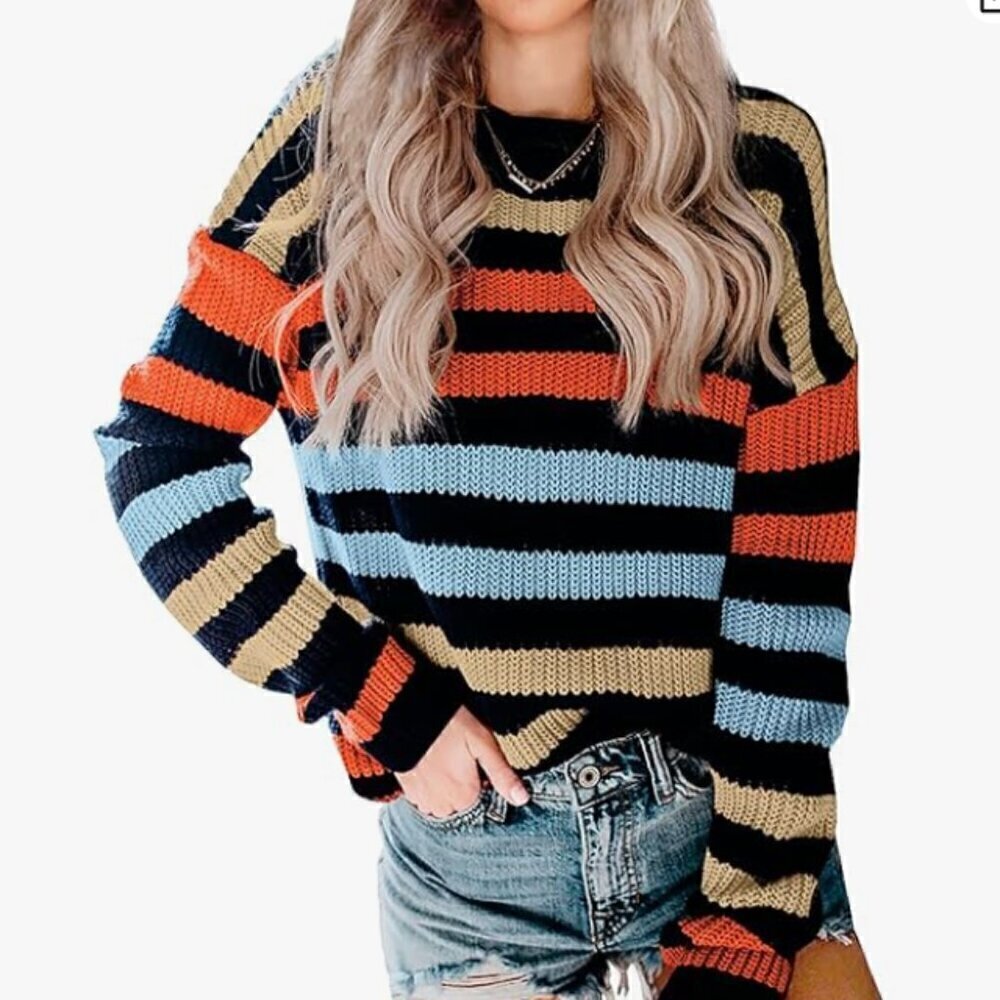 Women's Color Block Long Sleeve Crew Neck knit sweater - M
